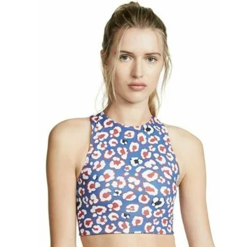 Adam Selman Sport Blue Red Leopard Print Racer Crop Top